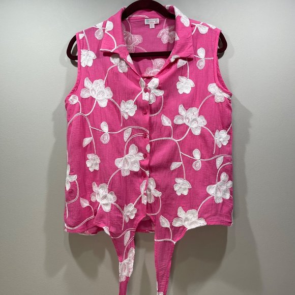 CABANA CAY Women's Embroidered Floral Sleeveless Top Tank Tie Waist Pink Size L - Picture 6 of 11